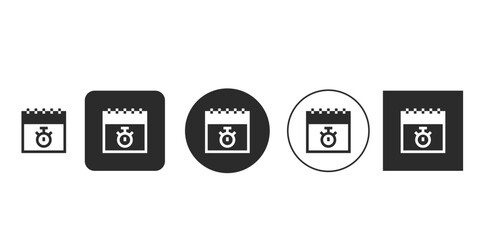 Calendar schedule icon with stopwatch timer vector graphic | Digital planning and due date reminder application logo | Black and white glyph icons for timely event booking