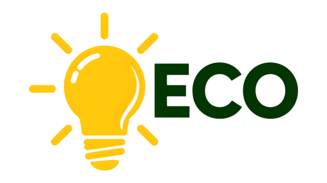 A bright idea symbol shows the word eco glowing green on a black background.