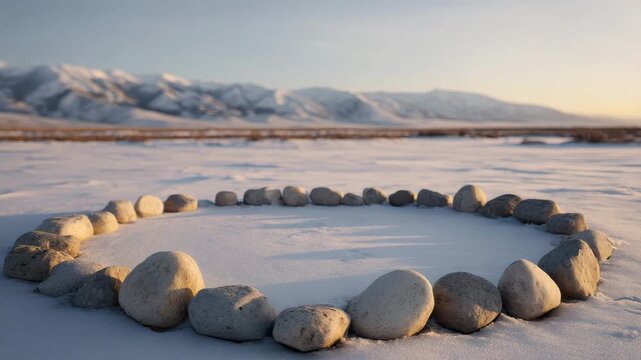 A ring of smooth rocks rests on a snowy winter field Distant snow capped mountains dominate the cold landscape under