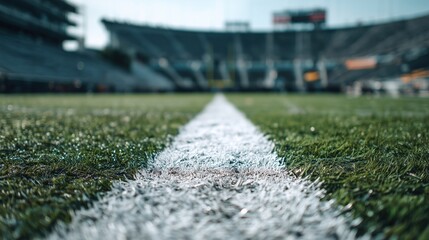 Close-up white line on sports field with stadium seats blurred behind