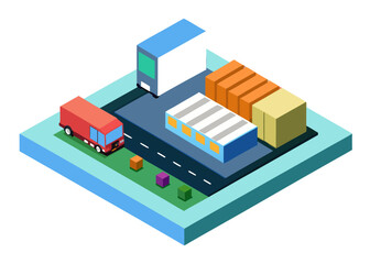 Isometric Illustration of Global Logistics Network with Cargo Truck and Storage Containers for Supply Chain Management
