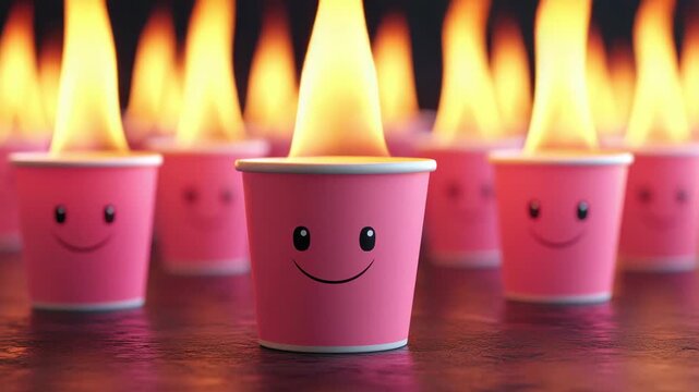 Group of smiling pink disposable cups burning with bright yellow flames surreal hot concept visual