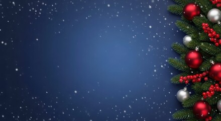 Festive christmas tree branch with red and silver ornaments against a dark blue snowy background copy space