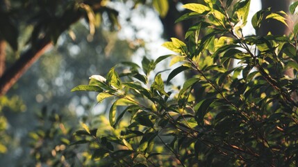 Sunlit Canopy: A Close-Up Exploration of Lush Foliage in the Forest