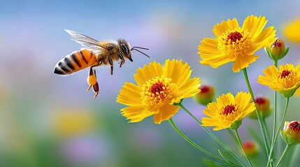 A honeybee flies near vibrant yellow flowers, showcasing the beauty of nature on a sunny day. The image captures the bee's flight and the details of the flowers