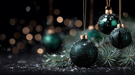 Emerald green Christmas baubles with gold strings on matte black background — frosty pine needles, luxury contemporary holiday composition