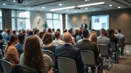 Audience listens attentively to a speaker presenting at a business conference in a modern conference room