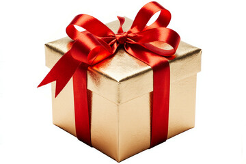 Fototapeta premium Golden gift box with red ribbon and bow isolated on white background