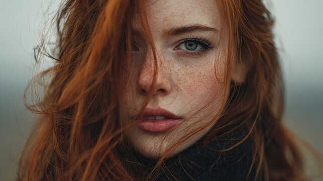 Intimate portrait of a young woman with red hair and beautiful freckles