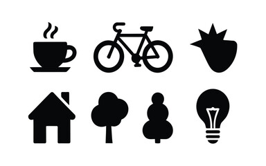 Collection of black silhouette icons representing lifestyle and nature elements
