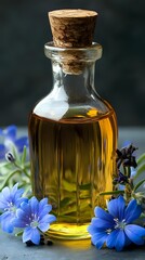 Small glass bottle with cork stopper containing golden essential oil surrounded by blue chicory flowers on dark background.