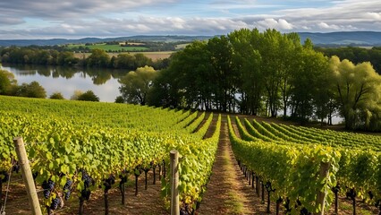 Obraz premium Sunny vineyard landscape with rows of green vines, a dirt path, and a tranquil river backdrop.