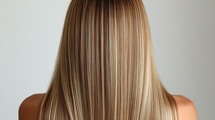 Naklejka premium Straight blonde hair with highlights from behind, showing smooth texture and healthy shine against neutral background.