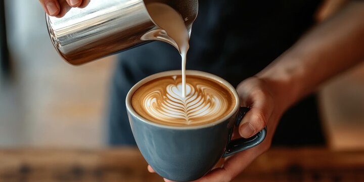 Artistic barista skillfully pouring frothy milk into coffee to create intricate latte art designs. - Powered by Adobe