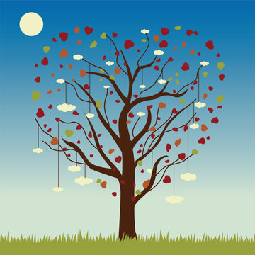 Graphic tree with heart-shaped leaves and clouds on branches at a day sky background. Vector illustration