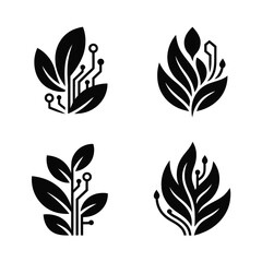 Four stylized black leaf and circuit board logos representing nature and technology