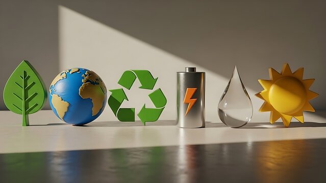 Eco-friendly symbols representing sustainability and renewable energy sources