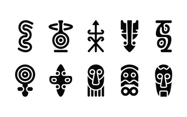 Collection of tribal symbols and masks in black silhouette