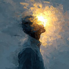 Thoughtful man head silhouette with abstract light, emotional expression, artistic painting style, blue and yellow color, creative concept, inspiration, imagination