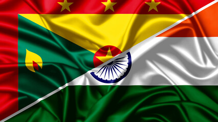 High-quality national flags of India and Grenada blended on silky fabric, representing...