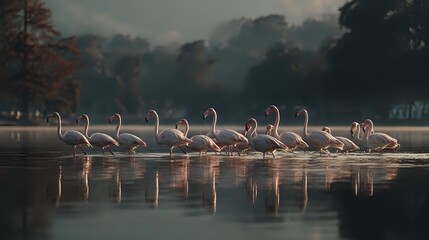 Flock of pink flamingos wading in misty lake at dawn, with silhouetted forest backdrop creating atmospheric nature scene.
