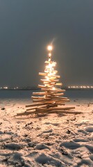 Rustic wooden Christmas tree with glowing lights on snowy beach at night, coastal holiday decoration against dark sky.