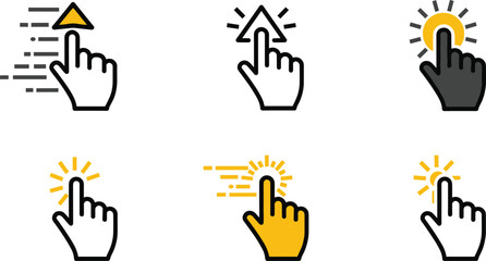 Hand click icons, touch pointer gestures, interactive UI symbols, tapping actions, upward navigation clicks, modern interface elements, digital user interaction graphics