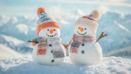 Charming pair of cheerful snowmen in knit hats and scarves, smiling together on a snowy mountain slope as delicate snowflakes fall, perfect for holiday greetings - Powered by Adobe
