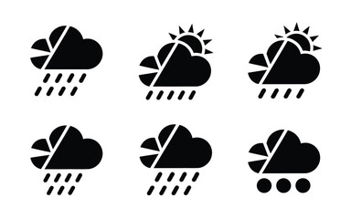 Set of six black and white weather icons depicting rain and sun