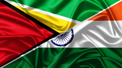 High-quality national flags of India and Guyana blended on silky fabric, representing collaboration between the two countries