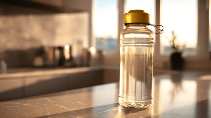 Stylish water bottle on a kitchen counter with natural light illuminating the scene.