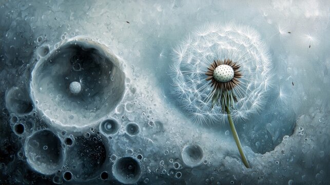 A surreal painting of a dandelion on a moon-like surface, with seeds floating away. The artwork evokes a dreamy and imaginative atmosphere.