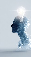 Digital human head silhouette with glowing light bulb, symbolizing innovation, technology, and creative thinking, futuristic concept, abstract background