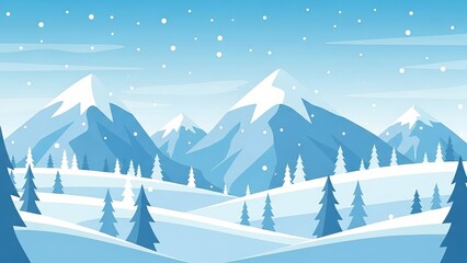 Winter landscape with snow covered mountains and pine trees under a cloudy sky with falling snow