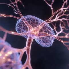 Neural network brain neuron and synapse connection in glowing abstract digital illustration representing intelligence science and thought process