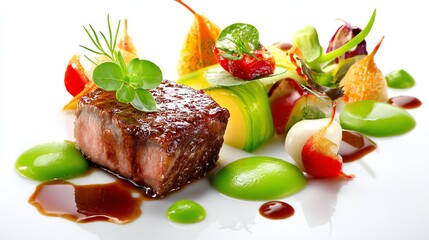 A beautifully plated gourmet dish featuring succulent meat and vibrant vegetables.