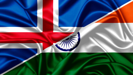 High-quality national flags of India and Iceland blended on silky fabric, representing collaboration between the two countries