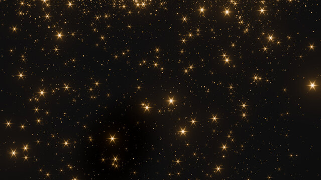 Golden Glitter and Bokeh Dust Overlay on Black Background. Festive Abstract Shiny Particle Effect.