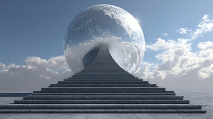 A surreal staircase leading to an ethereal sphere under a bright sky.