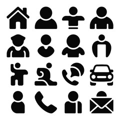 Collection of simple black icons representing people home phone and car