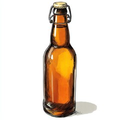 A vintage amber bottle with a cork and wire closure, ideal for beer or beverages.