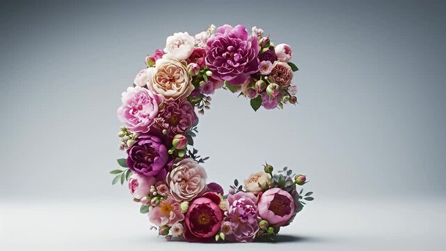 A beautiful floral arrangement in the shape of the letter C, composed of various pink and purple flowers, set against a clean, light gray background.