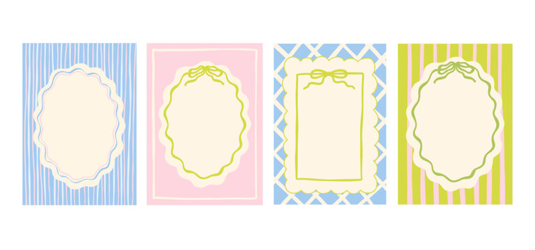 Hand drawn cottagecore colorful frame, oval and rectangle childish borders set, cute vector flat illustrations