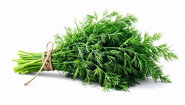 fresh dill herb tied with twine on white background, vibrant green feathery leaves and long stems