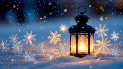 A lantern with a burning candle stands in the snow with snowflakes.