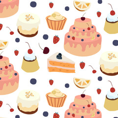 Seamless Pattern with Colorful Cakes and Desserts