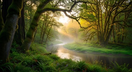 Obraz premium Lush Green Forest and River in Golden Morning Mist