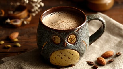 Artistic owl mug filled with warm beverage, surrounded by nuts on rustic wooden table.