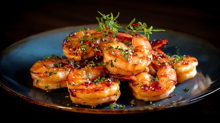 Deliciously grilled shrimp garnished with herbs on a dark plate.