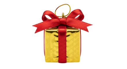 Shiny Golden Gift Box with Red Ribbon and Bow for Holiday Celebrations